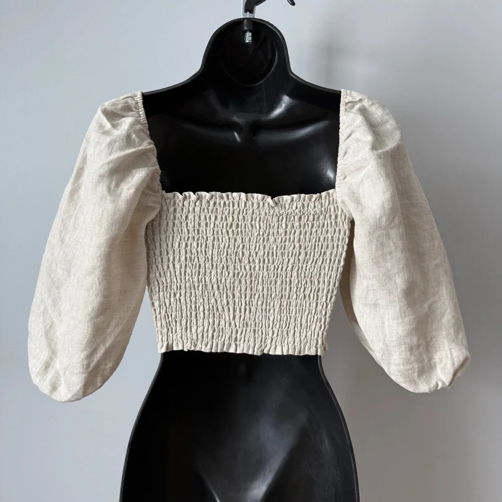 Reformation sz 2 Beige‎ 100% Linen Smocked Puff Sleeve Crop Top Blouse Cottage